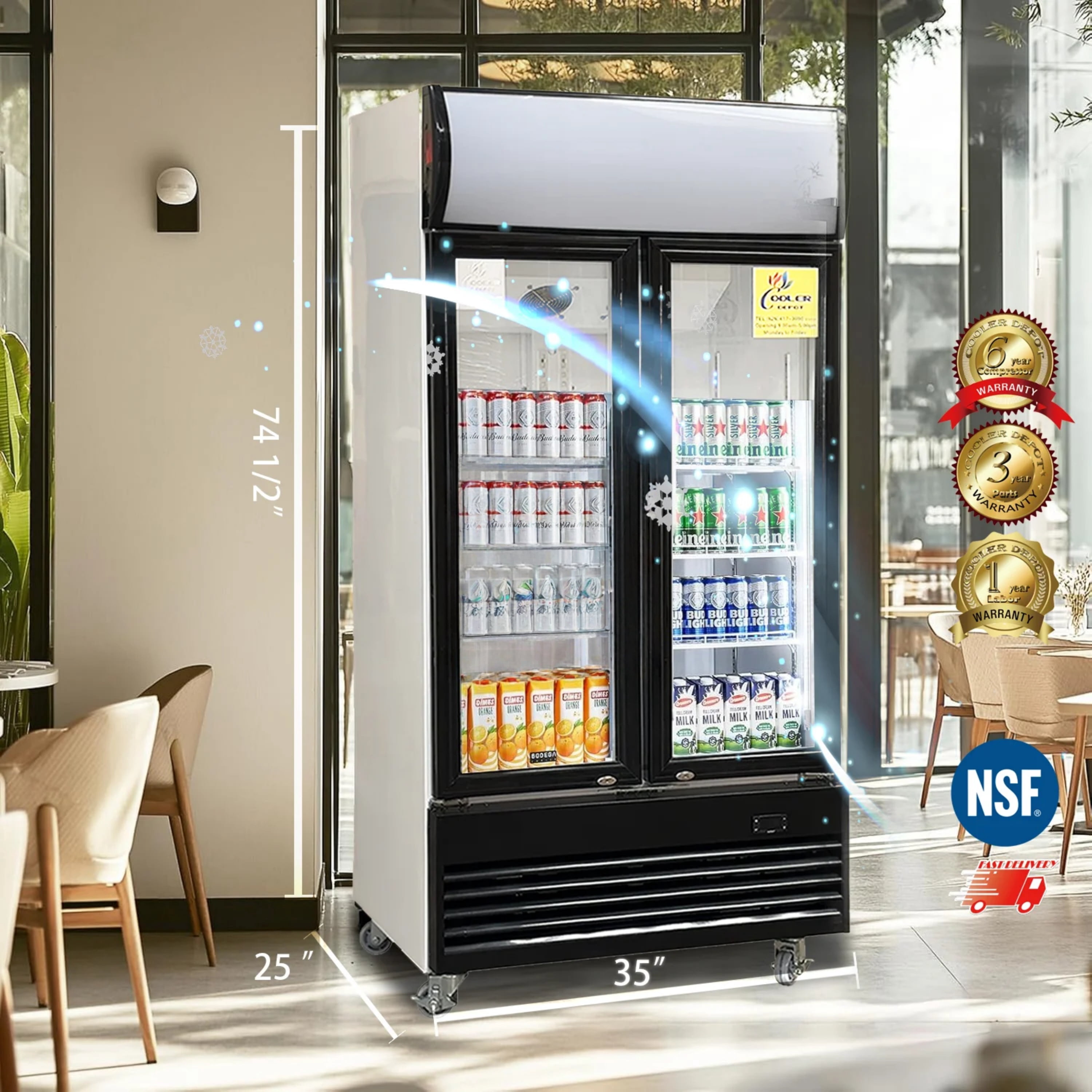 NSF 36 in. Commercial Two-Door Beverage Display Refrigerator, 18 Cu. Ft. Retail Refrigerator, Beverage Cooler with LED Lighting, Double-Layer Glass Door