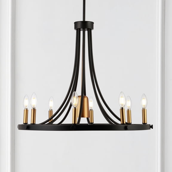JONATHAN Y Dante 26.75" 9-Light Transitional Modern Iron Adjustable Wagon Wheel LED Chandelier with Downlight, Black/Brass Gold, JYL7506A