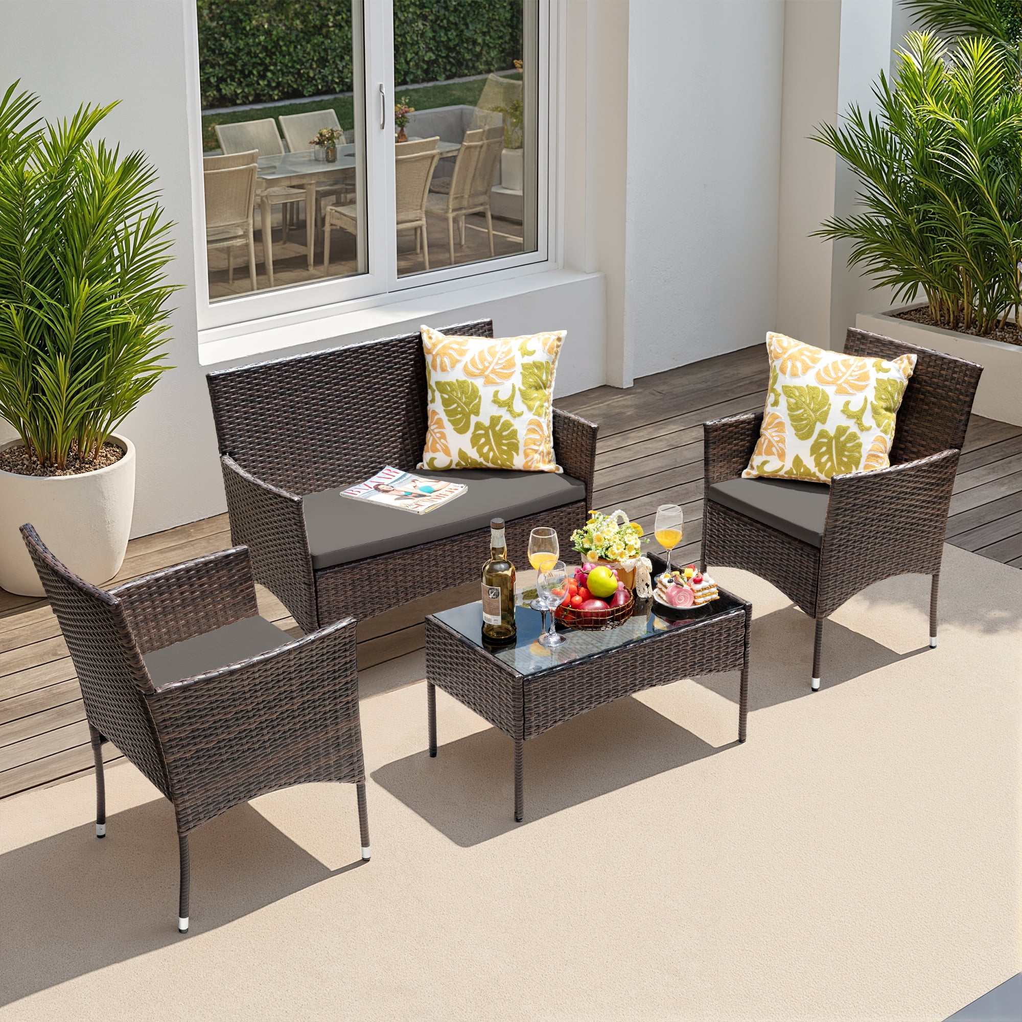 Lacoo 4 Pieces Outdoor Brown PE Rattan Wicker Table and Chairs Set Balcony Tempered Glass,Gray