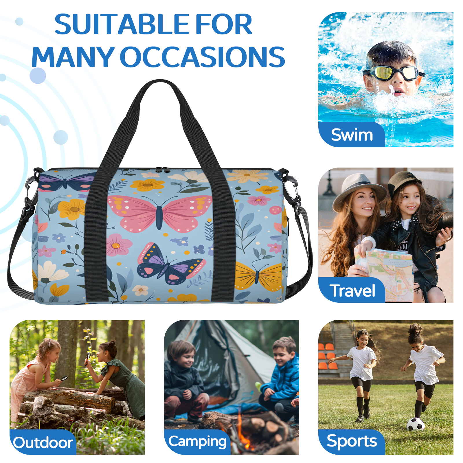 Herdesigns Butterfly Gym Bag for Women, Duffle Bag for Travel Sport, Floral Lightweight Waterproof Carry on Weekender Dance Yoga Workout Bags
