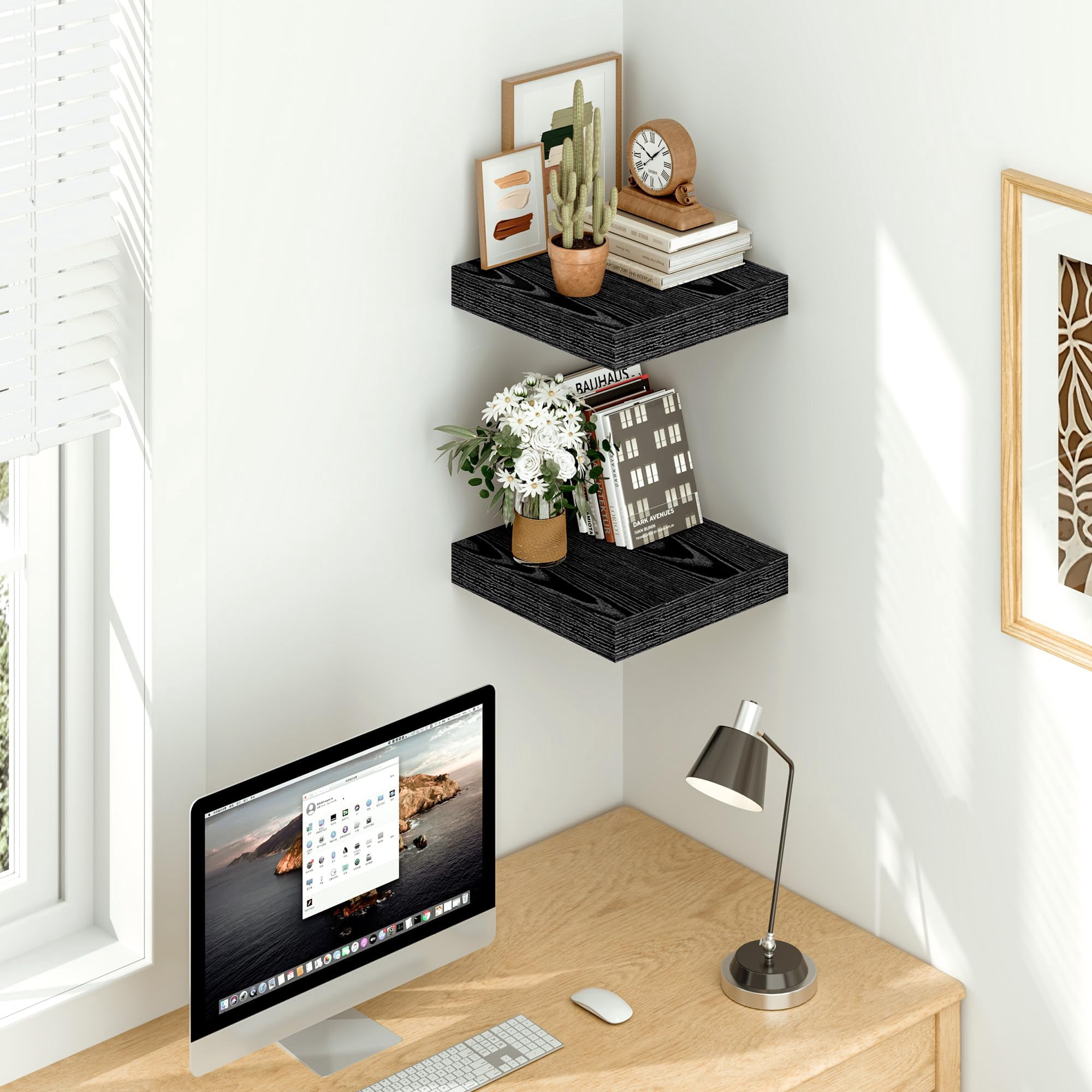 Black Floating Shelves 12 Inches Wide  12" Deep Wall For Bedroom Bathroom Living Room Kitchen Office Rustic Home Decor Shelf With Invisible Brackets X 1.5" Set Of 2