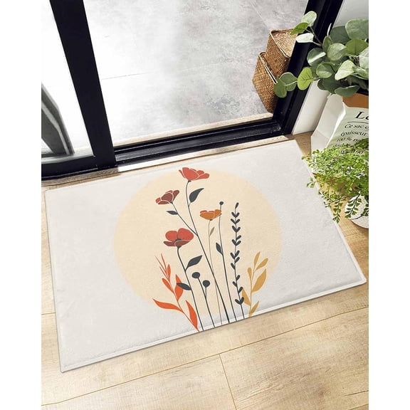 Shag Bath Rugs Mid Century Minimalistic Floral Leaves Plush Soft Fluffy Doormat Floor Carpet,Non-Slip Living Room Bedroom Kitchen Entryway Door Mats Boho Arch Sun