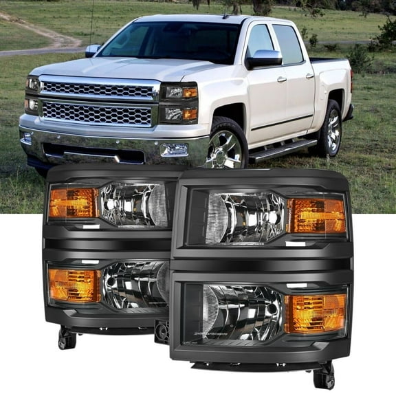 Nilight Headlight Assembly for Chevy Silverado 1500 Pickup Truck Black Housing Amber Reflector Driver & Passenger Side