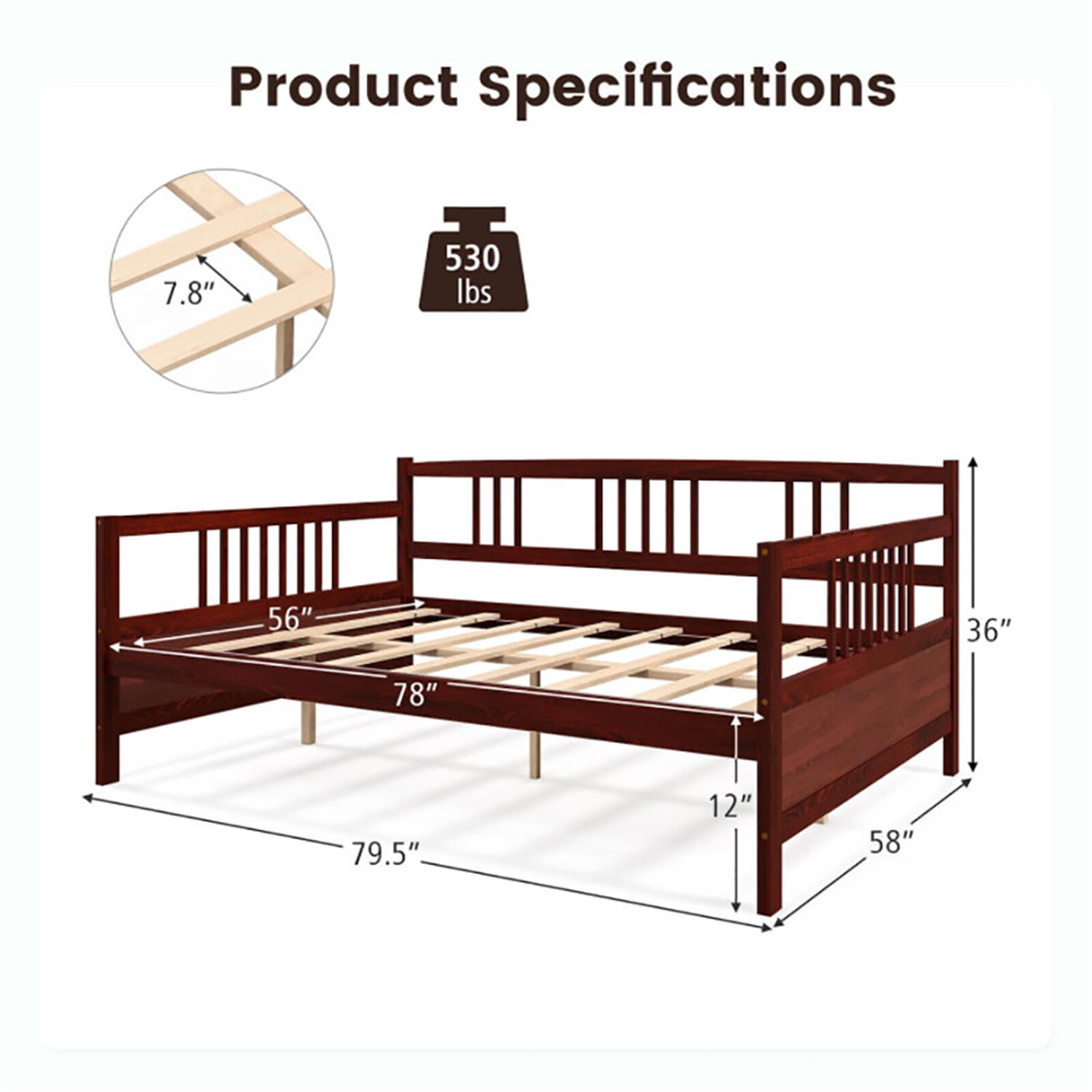 Demi Bonn Classic Wooden Full Size Daybed Frame with Guardrails, Modern Bed Frame for Teens, Brown