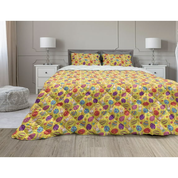 Easter Comforter & Sham Bedding Set, Funky Colorful with Different Patterns Daisies and Bunny Characters, 3 pcs Duvet Set Microfiber Filling Quilt, 5 Sizes, Multicolor, by Ambesonne