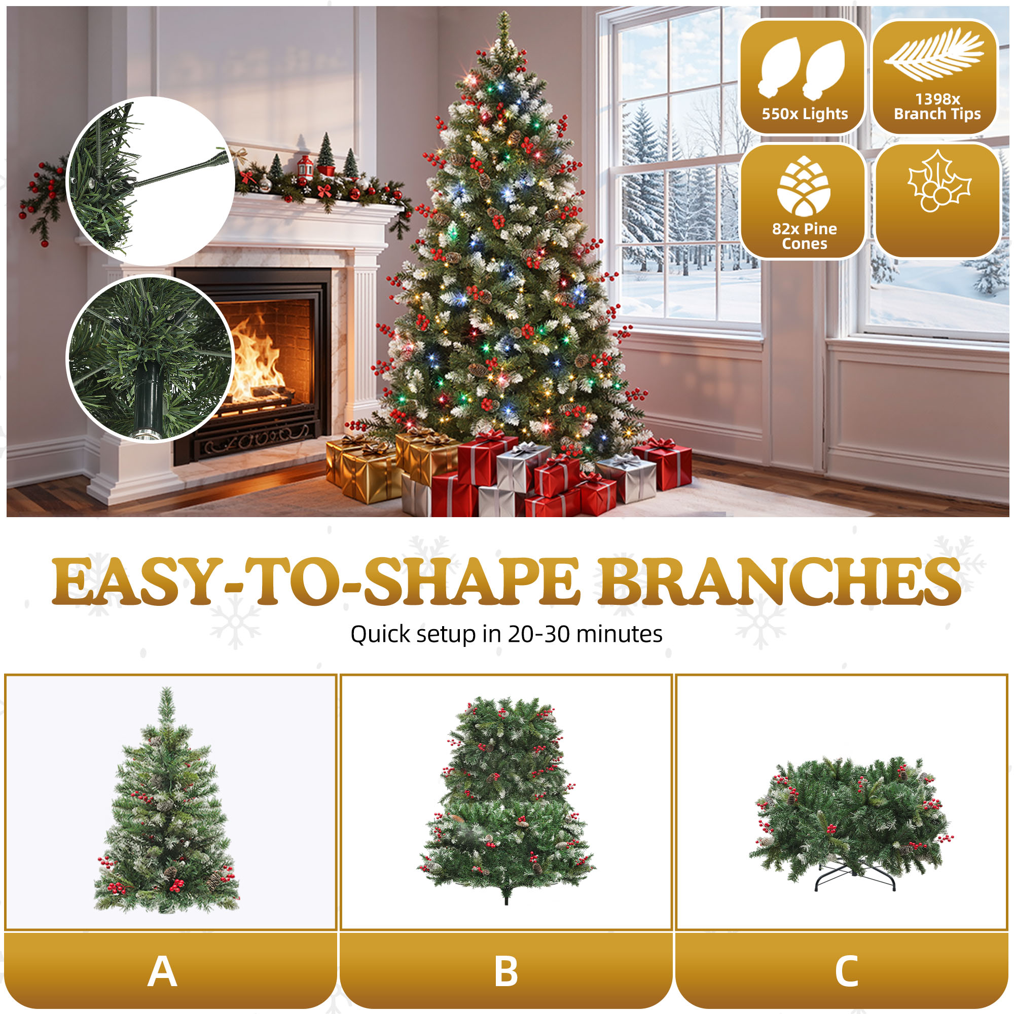 Uforic 7.5ft Pre-Lit Pine Artificial Christmas Tree with 1398 Branch Tips & 550 Lights,  82 Pine Cones & 82 Red Berries, Remote Control, Green