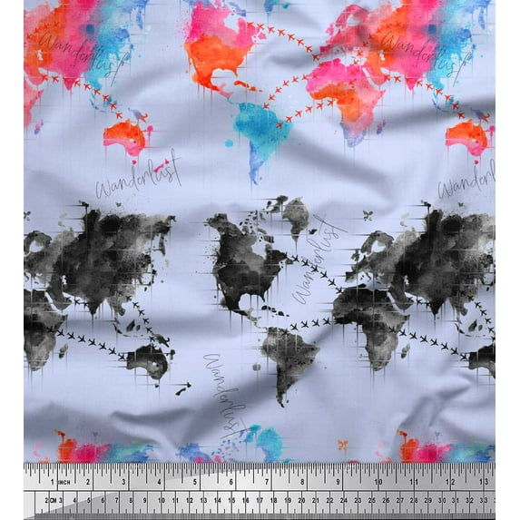 Soimoi Blue Cotton Poplin Fabric Text & Map Watercolor Printed Fabric 1 Yard 42 Inch Wide