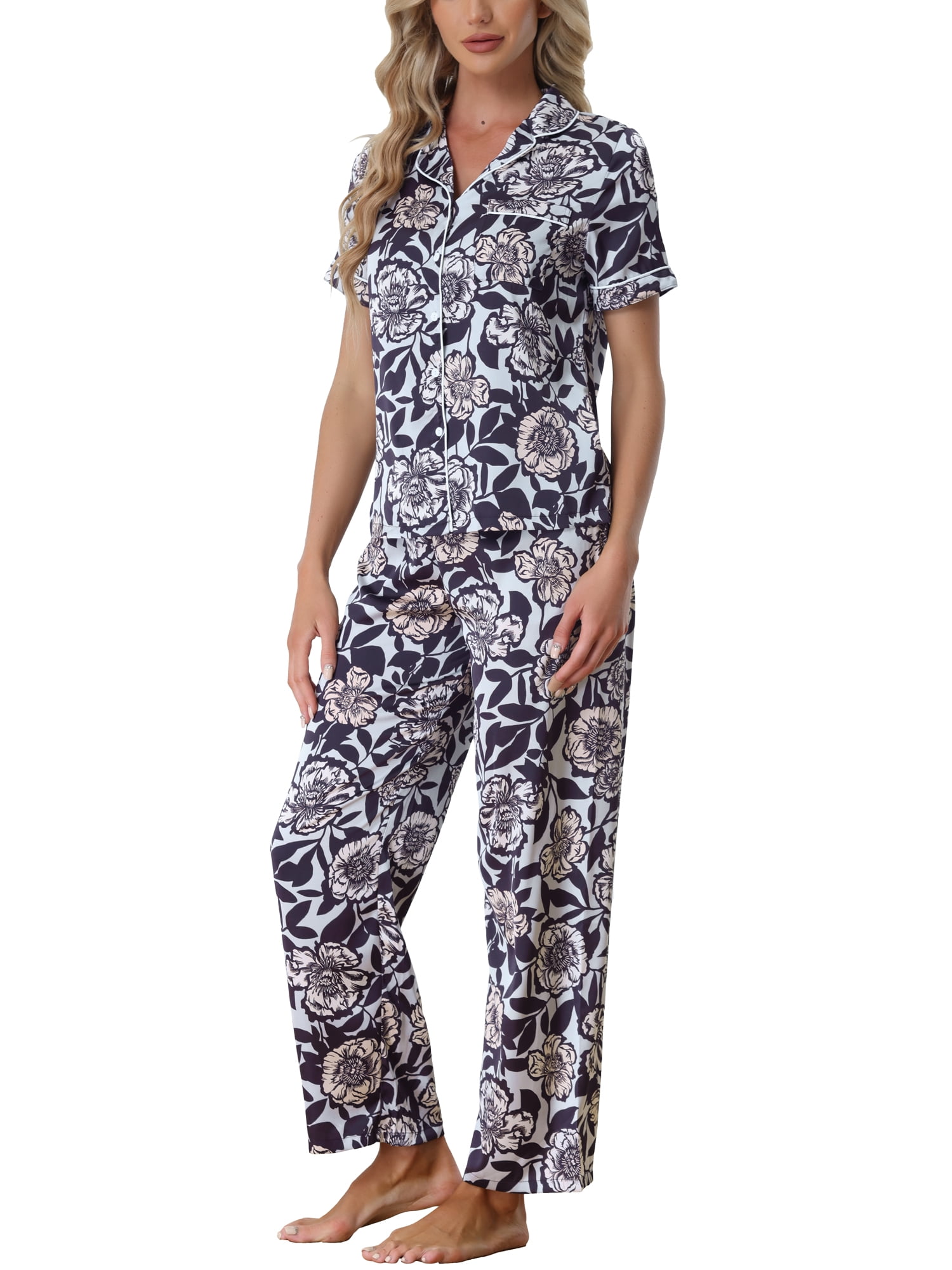 Unique Bargains Women's Pajama Set Silk Short Sleeves and Pants Floral Satin Sets