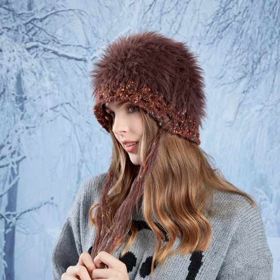 absanyy Women's Warm Winter Hat - Stylish Faux Fur with Ear Ties, Nylon Spandex, Free Size, Coffee - Versatile for Outdoor & Daily Wear