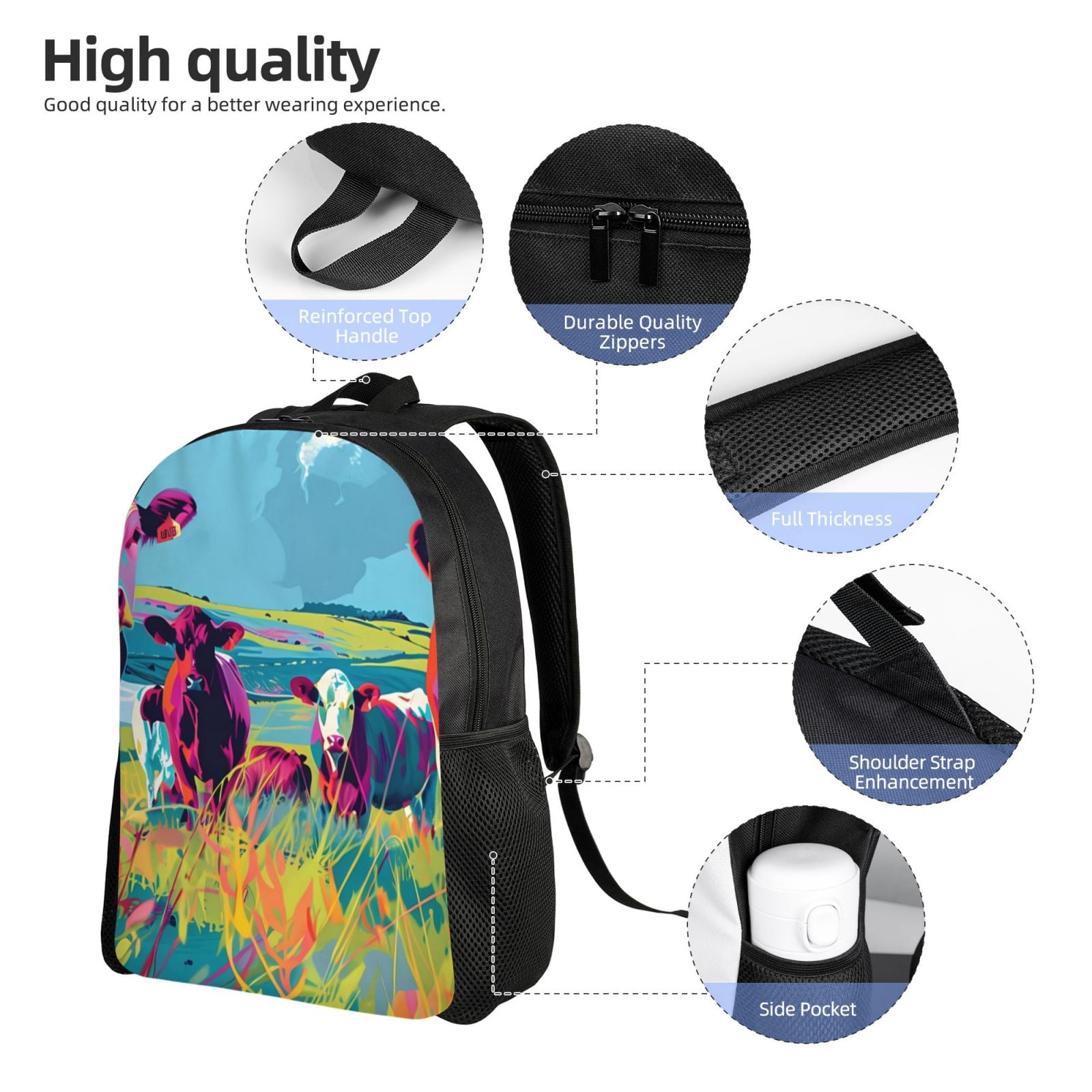 Xecao Pop Art Colorful Cows Print School Backpack with Laptop Compartment Small Travel Laptop Backpack for Women Men Waterproof College Backpack Simple School Bag
