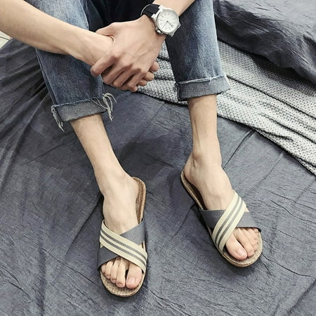

Linen Slippers Home Couple Indoor Slippers Wooden Floor Cotton and Linen Home Non-slip Thick Sole Summer Sandals for Men and Women