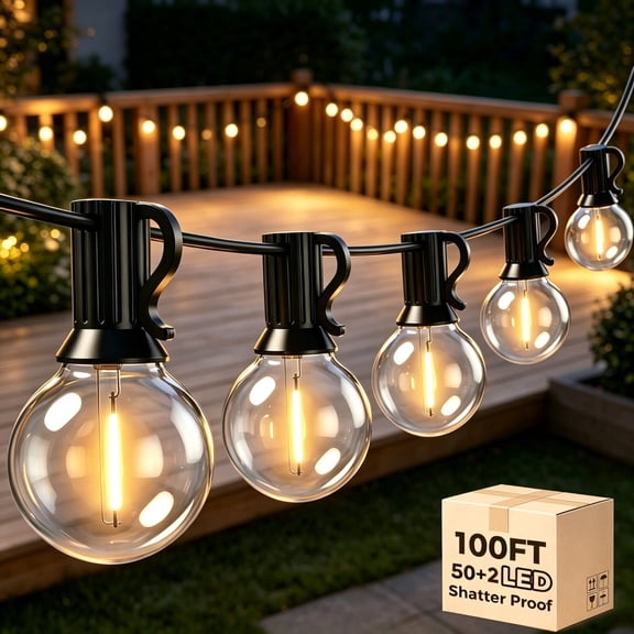 ZELUXDOT G40 Outdoor String Lights, 100FT 50 LED Globe Bulbs, Dimmable Connectable, IP44 Waterproof with 2 Extra Replacement Bulbs for Patio Backyard Porch Deck Decor