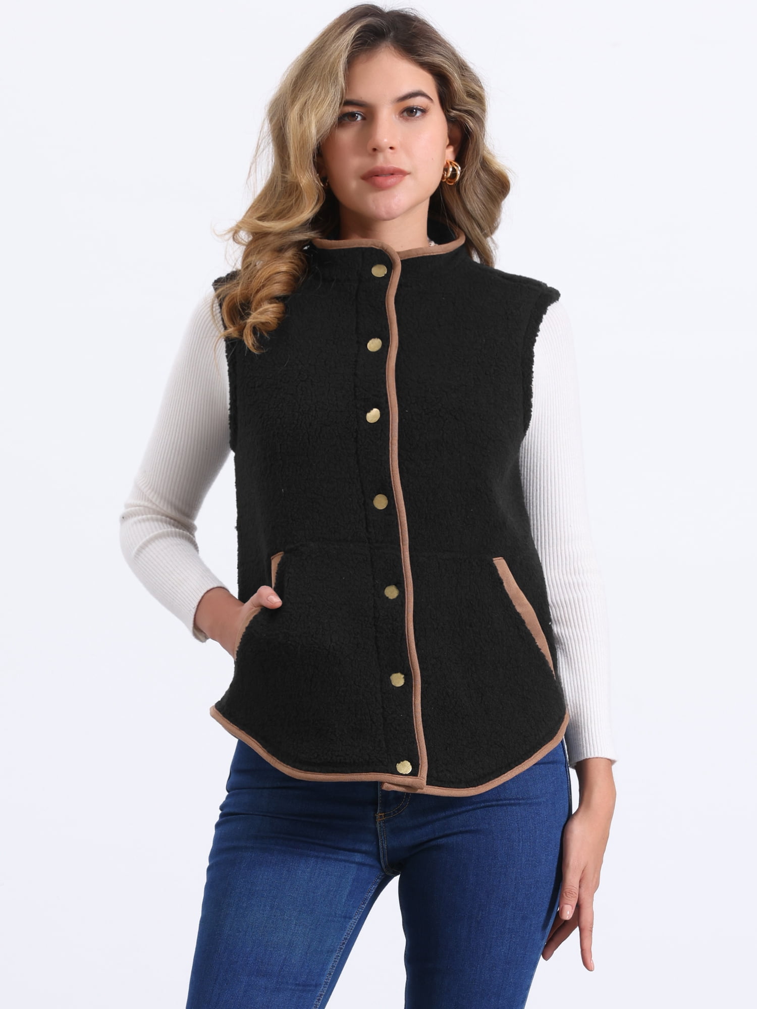 DARING DIVA Women's Fleece Button Down Jacket with Pockets Oversized Fuzzy Vests S Black