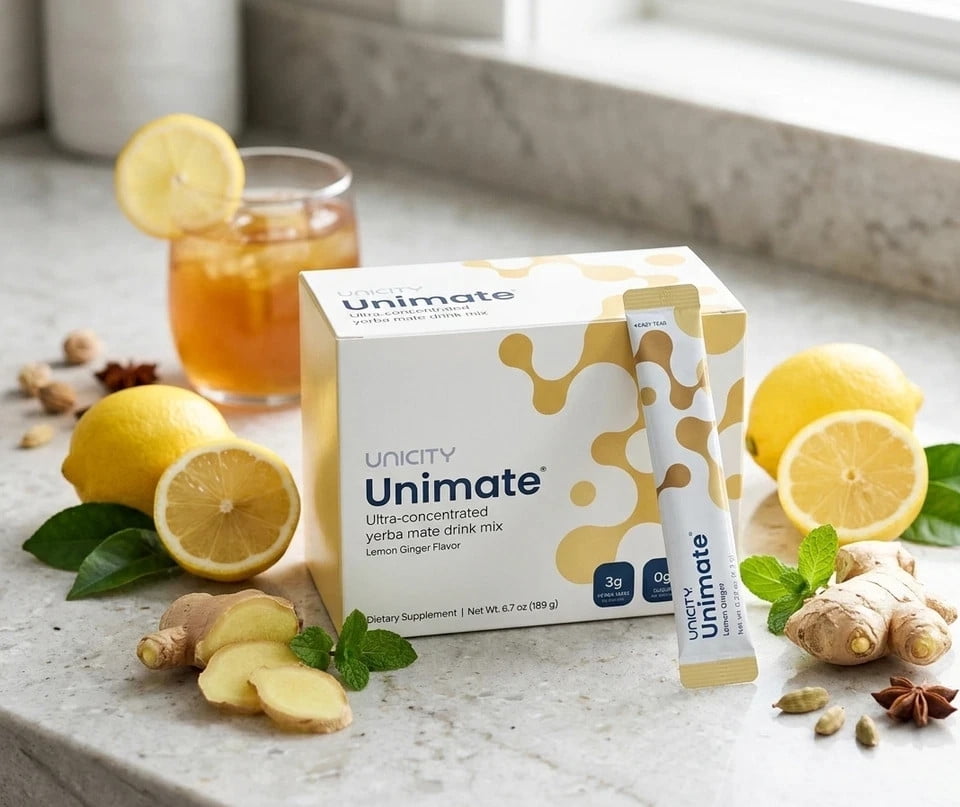 Unicity Unimate Ginger Drink Mix Duo Pack, 60 Sachets Total (2 Boxes x 30), Instant Ginger Beverage Powder, Low Calorie Fiber Drink Mix, Travel Friendly Daily Drink Mix for Men & Women