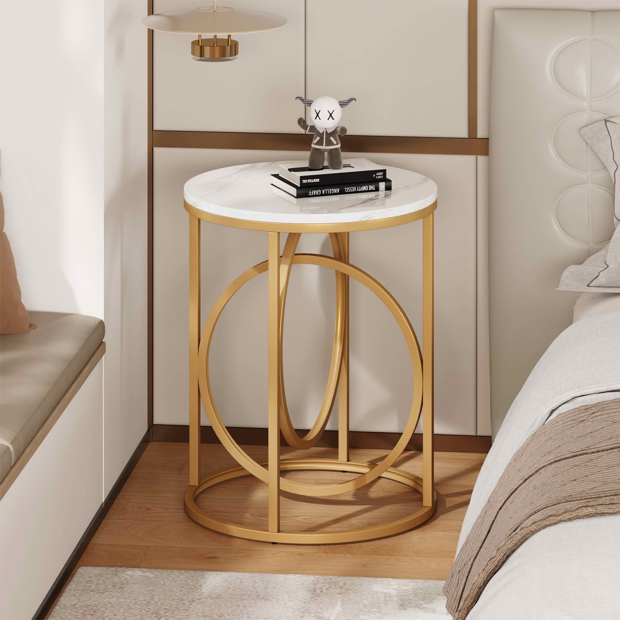 MAYEERTY 19.7" Round Modern End Side Table, White Faux Marble MDF Top Golden O-Shaped Thick Steel Frame Nightstand with Anti-Slip Floor Pads