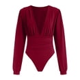 thumbnail image 5 of larppty Women's Sexy Ruched Deep V Neck Long Sleeve Bodysuit Plunging Neckline Leotard Shirts（Wine， M）, 5 of 9