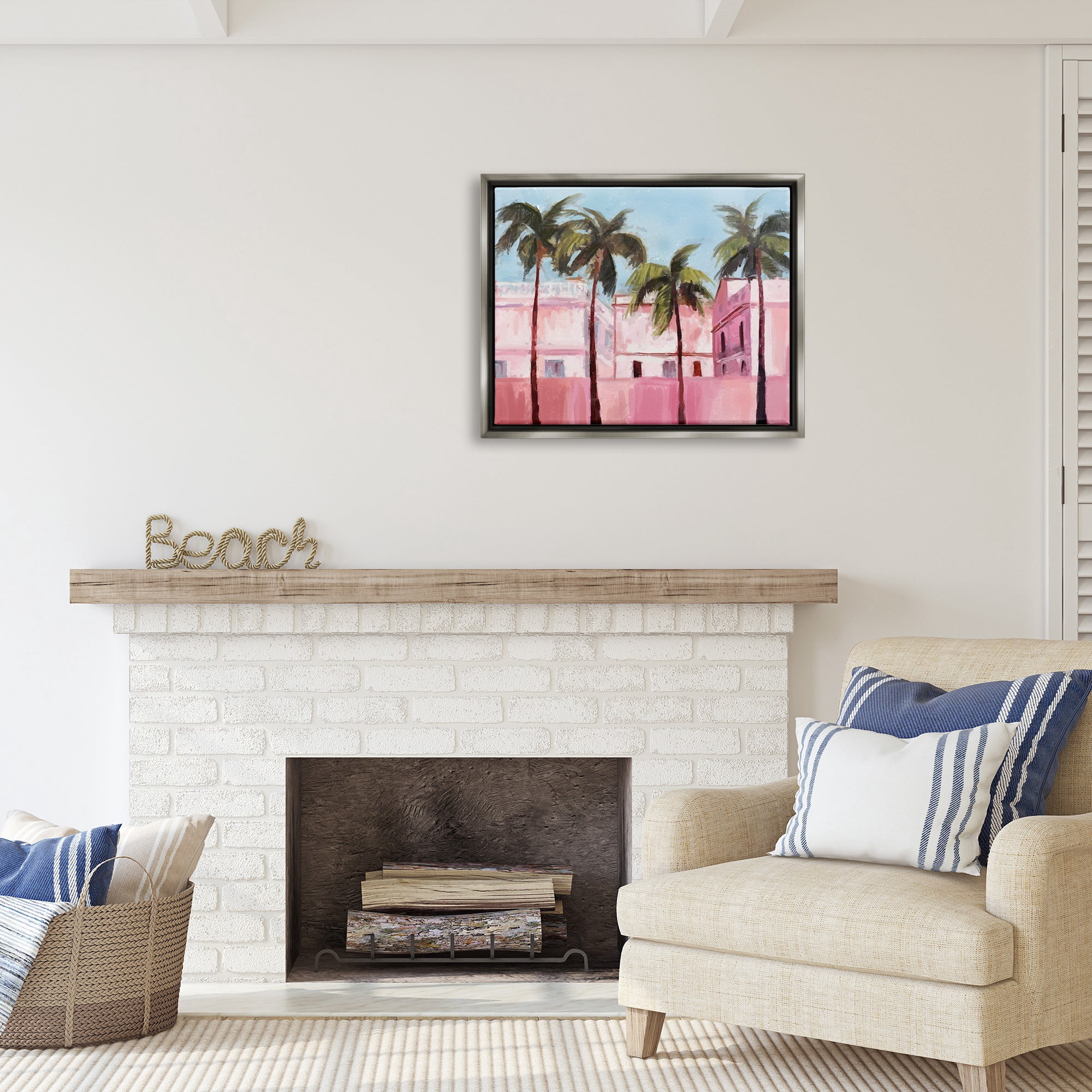 Stupell Industries Tropical Pink Buildings Botanical & Floral Painting Gray Floater Framed Canvas Art Print Wall Art, 31 x 25