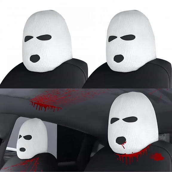 ARLAJO 2026 New 2Pcs Car Funny Decoration Spoof Balaclava Face Headrest Cover,Scary Bank Robber Costume Front Seat Head Rest Protector,Halloween Bandit Mask Auto Accessories Universal for Car-White
