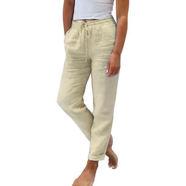 Pantalones elásticos de cintura alta y pierna ancha para mujer - Algodón y lino, color liso retro, para todas las estaciones, corte recto holgado, lavado a máquina/a mano, tallas S-XXL