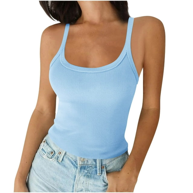 Lenpel Women's Tank Tops Ribbed Spaghetti Strap Scoop Neck Slim Sleeveless Basic Tees Trendy Summer Cami Shirts
