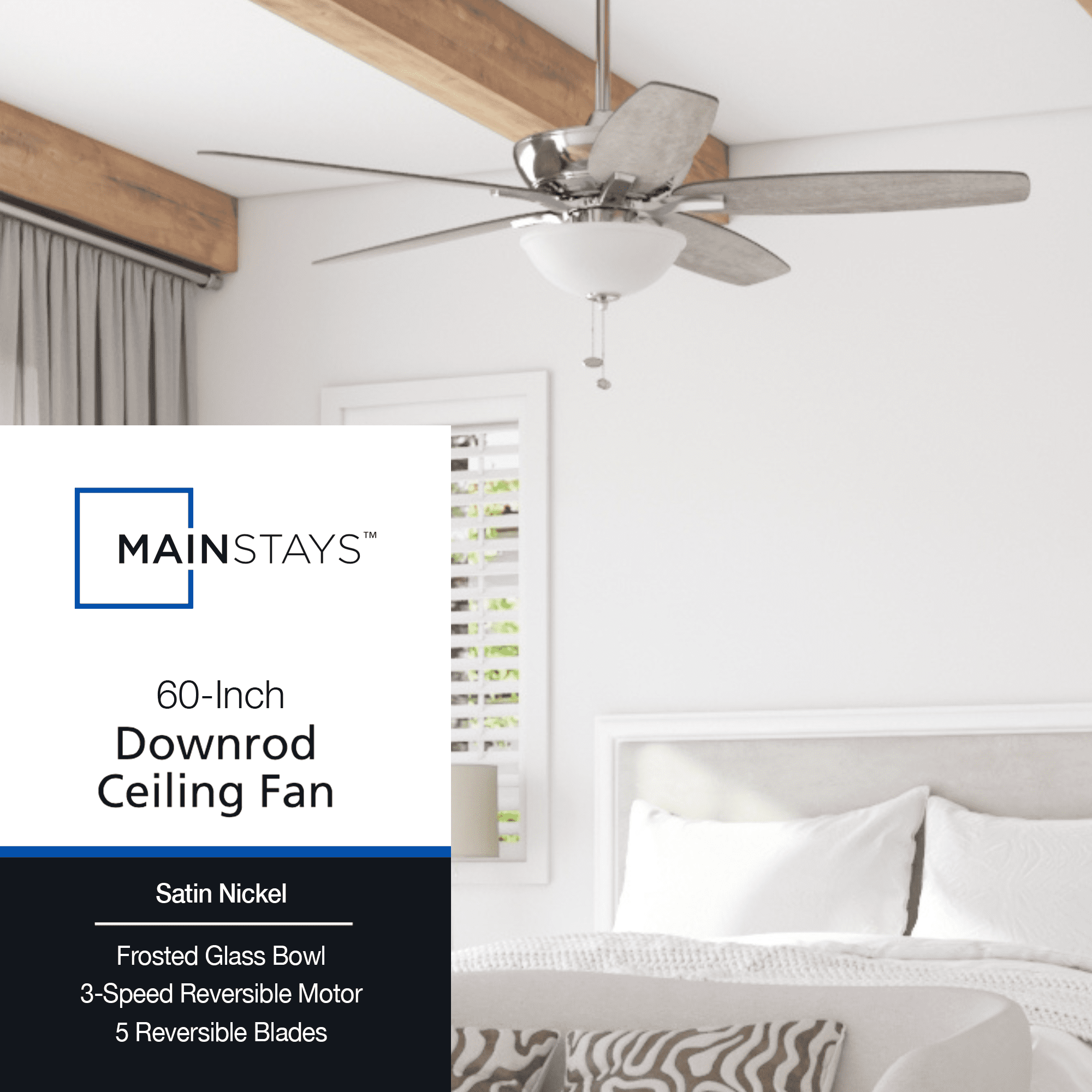 Mainstays Nickel Traditional 60" Brushed LED Living Room Ceiling Fan with Pull Chains