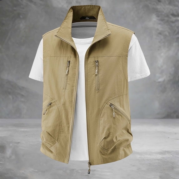 VeFlora Men's Lightweight Outdoor Utility Vest, Multi-Pocket Sleeveless Fishing Hiking Vest with Zipper Pockets, Breathable Quick Dry Casual Vest(Khaki/L)