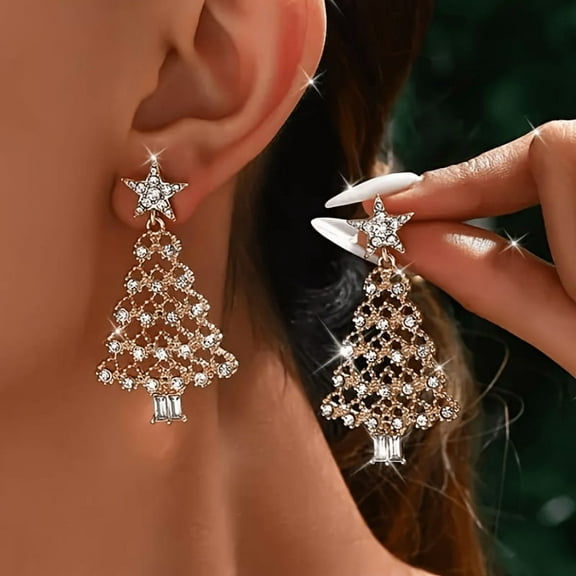 JUSIP 1 Pair Christmas Tree Earrings for Women, Golden-Tone Party Jewelry with Sparkling Synthetic Stones, Unique Tree Design for Holiday Celebrations & Daily Wear - Perfect Gift for Girlfriend