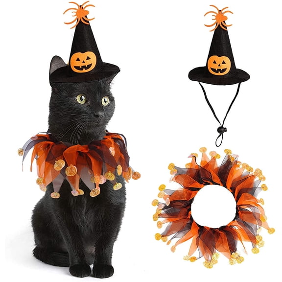 Cat Witch Halloween Costume Suit, Small Dogs & Cats Tutu Collar and Witch Pumpkin Hat Cute Costume Suit Kitten Outfit Clothing for Birthday