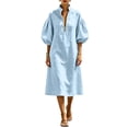 thumbnail image 4 of Stralyhd Women's Dresses Stand Collar Half Zip Balloon Sleeve Dresses Summer Linen Beach Loose Casual Midi Dress Light Blue M, 4 of 4