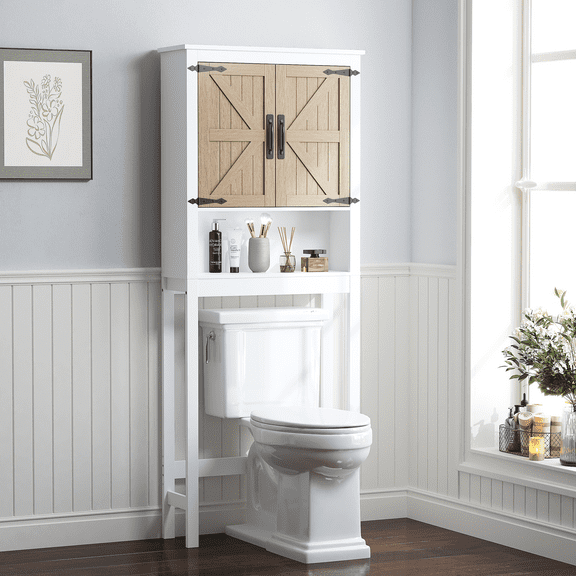 STAROUS Farmhouse Over-Toilet Storage Cabinet with Wood Grain Barn Doors & Adjustable Shelves