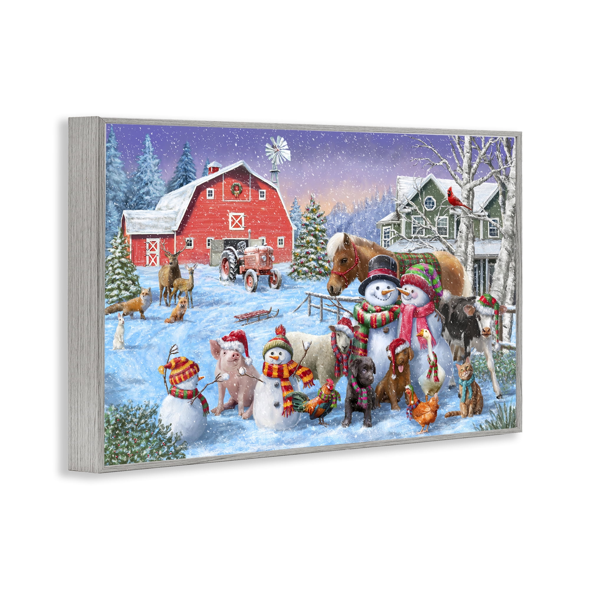 Stupell Industries Snowman & Dogs Family Holiday Painting Gray Framed Art Prints Wall Art, 30 x 20