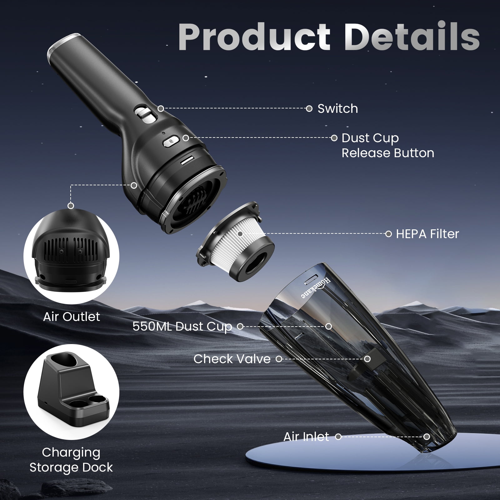 HOMEKANE Handheld Vacuum Cordless, with 2 in 1 Charging Stand，10000PA Hand Vacuum, Portable Lightweight for Home Car Pet, New