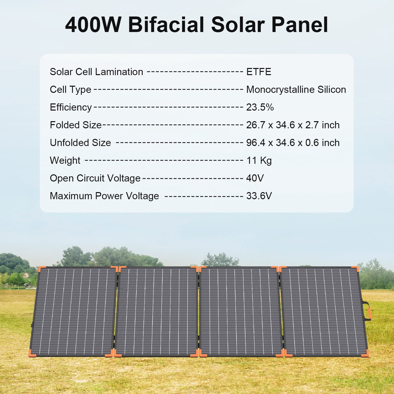 MHPOWOS 400W Portable Bifacial Solar Panel IP68 Lightweight Aluminum Frame for Power Station RV Camping