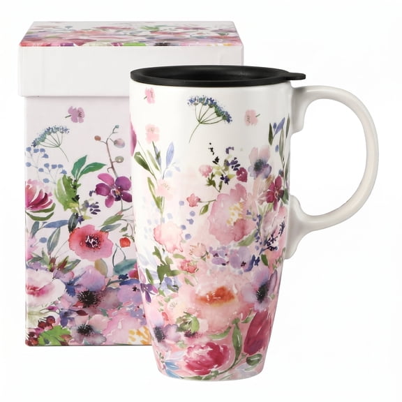 Topadorn Decorative Ceramic Coffee Mug with Lid, 17 oz Large Coffee Cup with Artistic Pattern Design, Spill-Resistant Travel Mug for Coffee & Tea, Gift Box Included