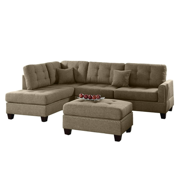 Bobkona Adolph Reversible Sectional Set with Ottoman in Coffee.