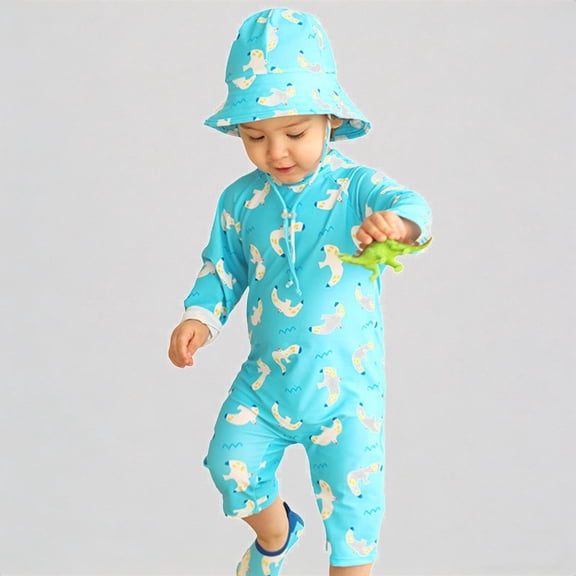 REDARER Toddler Girls Long-Sleeve Sunsuit – Seagull Print Full-Coverage Design, Sun Protection for Pool, Beach & Lake Activities,1-2 Years