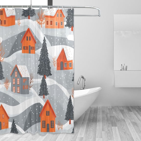 Yayeee Shower Curtain with Hooks 72"x72" Waterproof Fabric Bathroom Hanging Decor, Gray Snow Houses