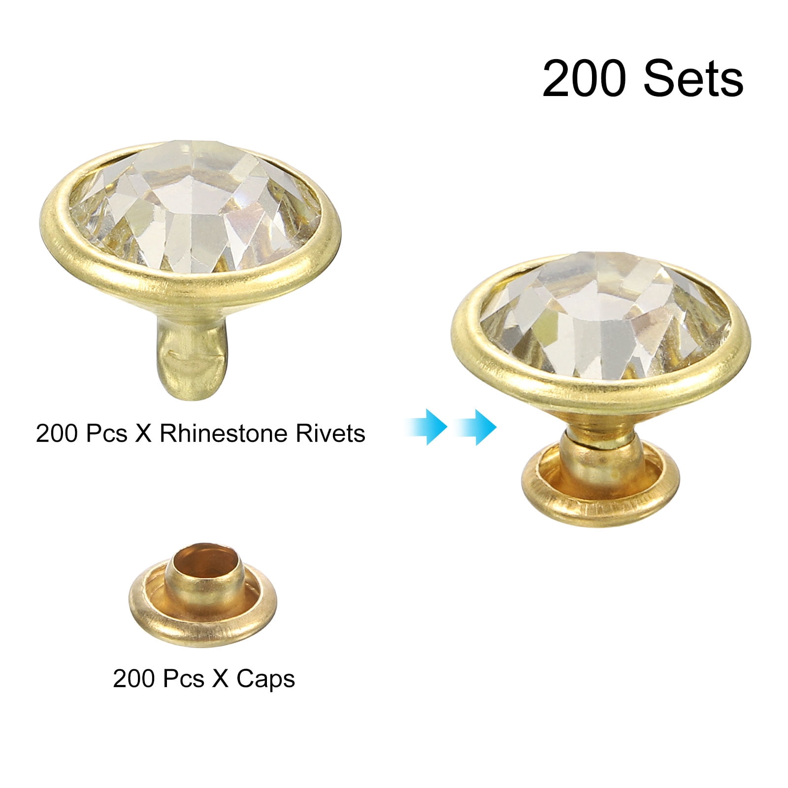 200Pack Gold Rhinestone Rivets, 11.5mm/0.45" Leathercraft Rivets Crystal Rivets for DIY Leather Craft Making