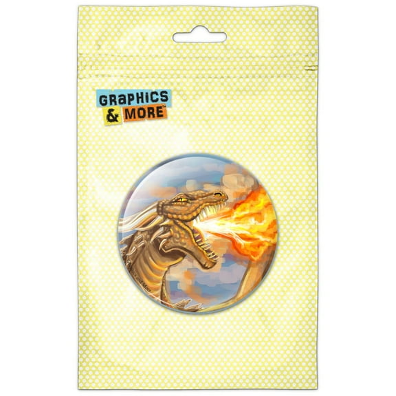 Dragon Breathing Fire Gold Fantasy Pinback Button Pin Badge