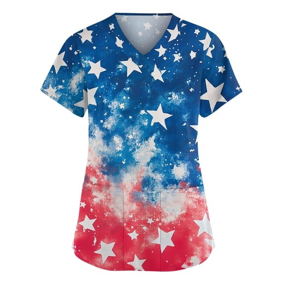 Women V Neck Short Sleeve Printed Scrub Top with Star Pattern and Two Front Pockets for Work Uniforms Blue L