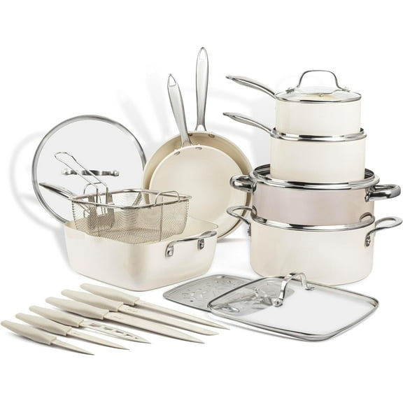 Gotham Steel 20 Pc Ceramic Pots and Pans Set Non Stick, Kitchen Cookware Sets with Knife Set, Pot and Pan Set, Ceramic Cookware Set, Non Stick Pots and Pan Set, Oven and Dishwasher Safe