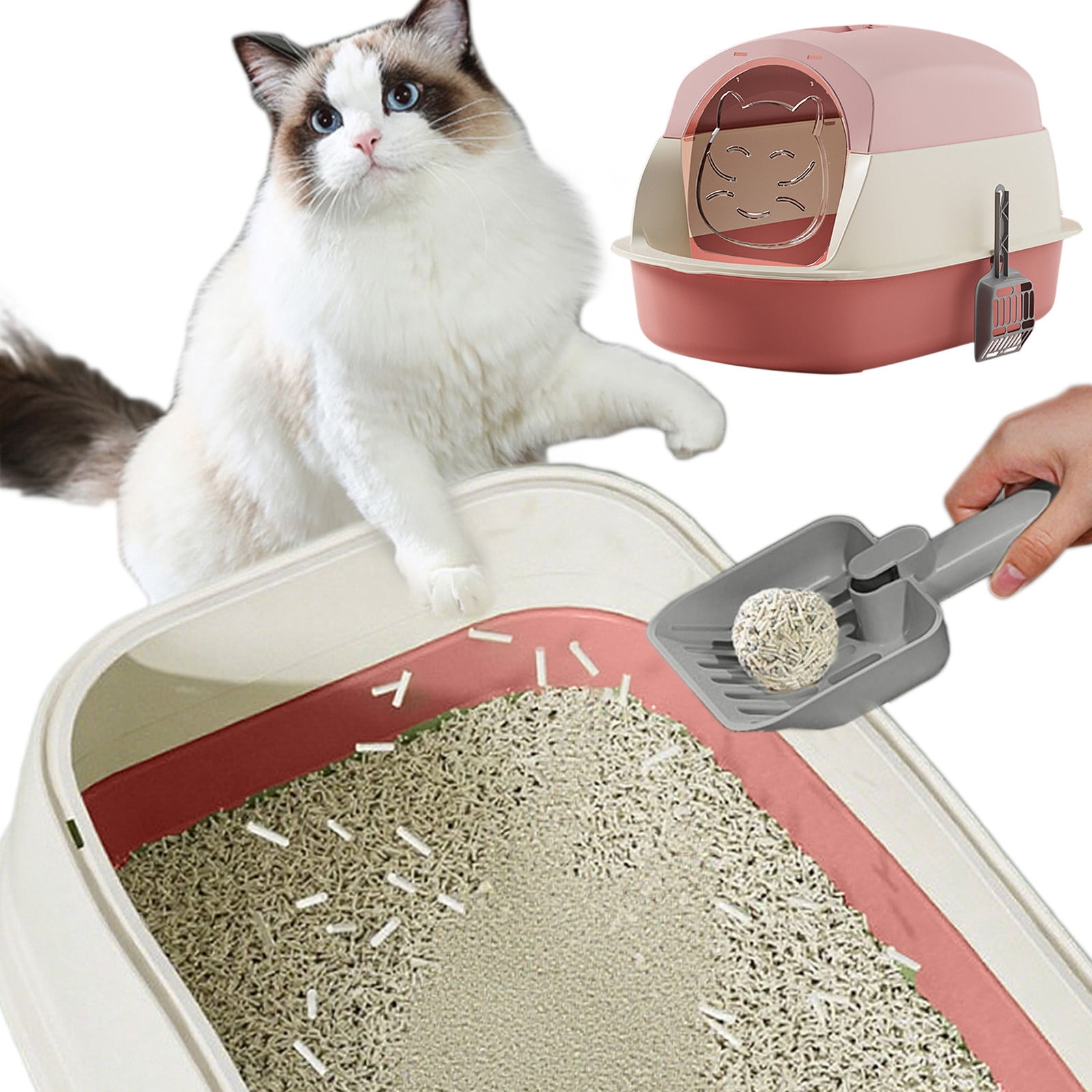 Large Covered Litter Box with Lid, Fully Enclosed Cat Litter Pan, Splash Proof Toilet Tray with Shovel for Cats