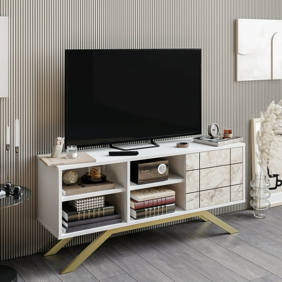 North 51" Modern Wood TV Stand, Melamine Finish, White & Gold