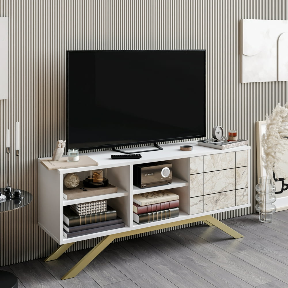 North 51" Modern Engineered Wood TV Stand, Melamine Finish, White