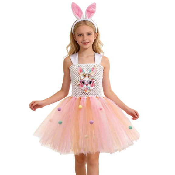 Easter Bunny Dress for Kids Cartoon Rabbit Puffy Skirt Detachable Carrot Sleeveless Spaghetti Strap Mini Soft Light Pink 6 Years-7 Years