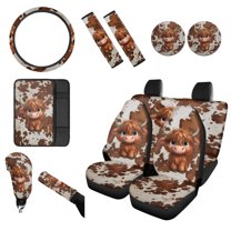 Renewold Cute Highland Cow Brown 12 PCS Car Seat Cover Set for Women Men, with Non-slip Steering Wheel Seatbelt Strap Shoulder Armrest Pad Handbrake Gear Shift Knob Cover Coasters