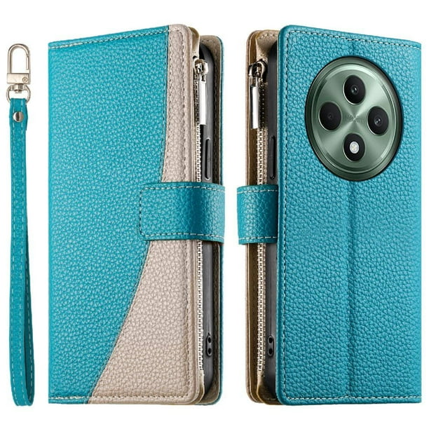 Funda cartera GANGXUN para OPPO Reno 12F , cuero PU con tarjetero, cremallera, correa de mano, soporte y protección 666°
