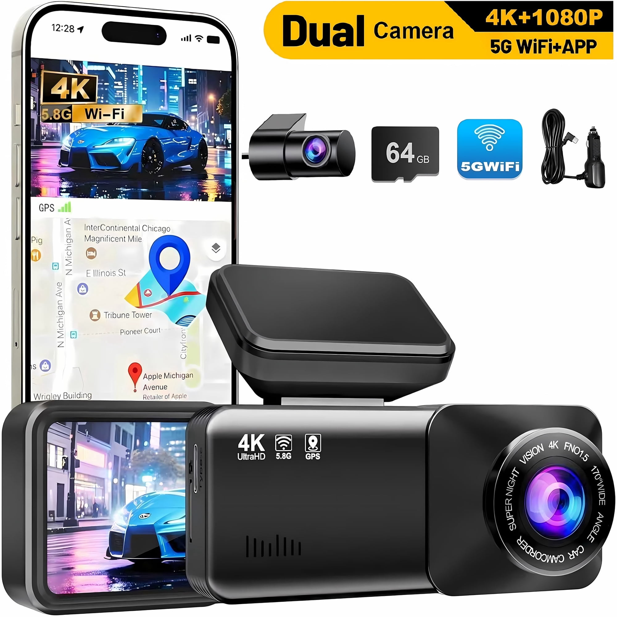 Yezivo 4K+1080P Dash Cam, Front and Rear Dash Camera for Cars 170°Wide Angle Dashboard Cameras, Super Night Vision, G-Sensor, Loop Recording