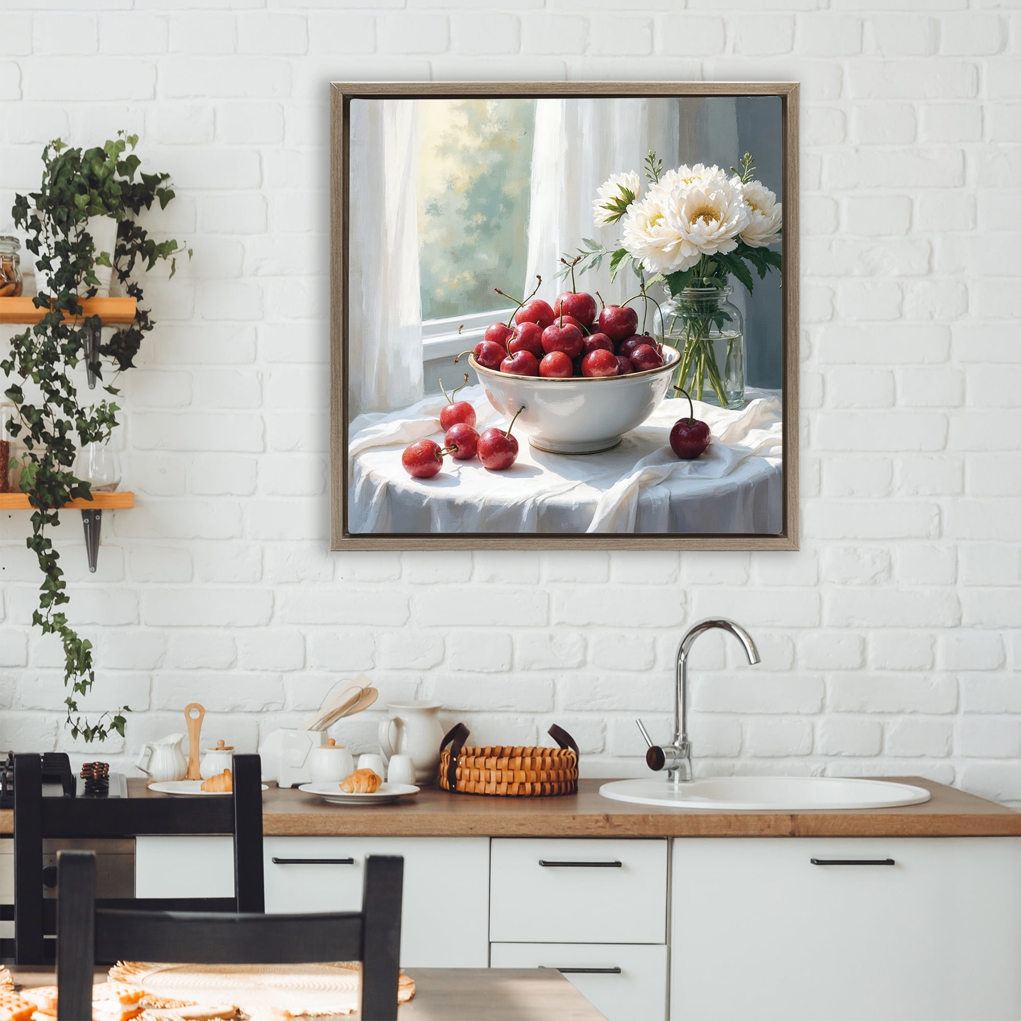 Cherries & Flowers Still Life Brown Framed Floater Canvas Wall Art, design by Lettered and Lined