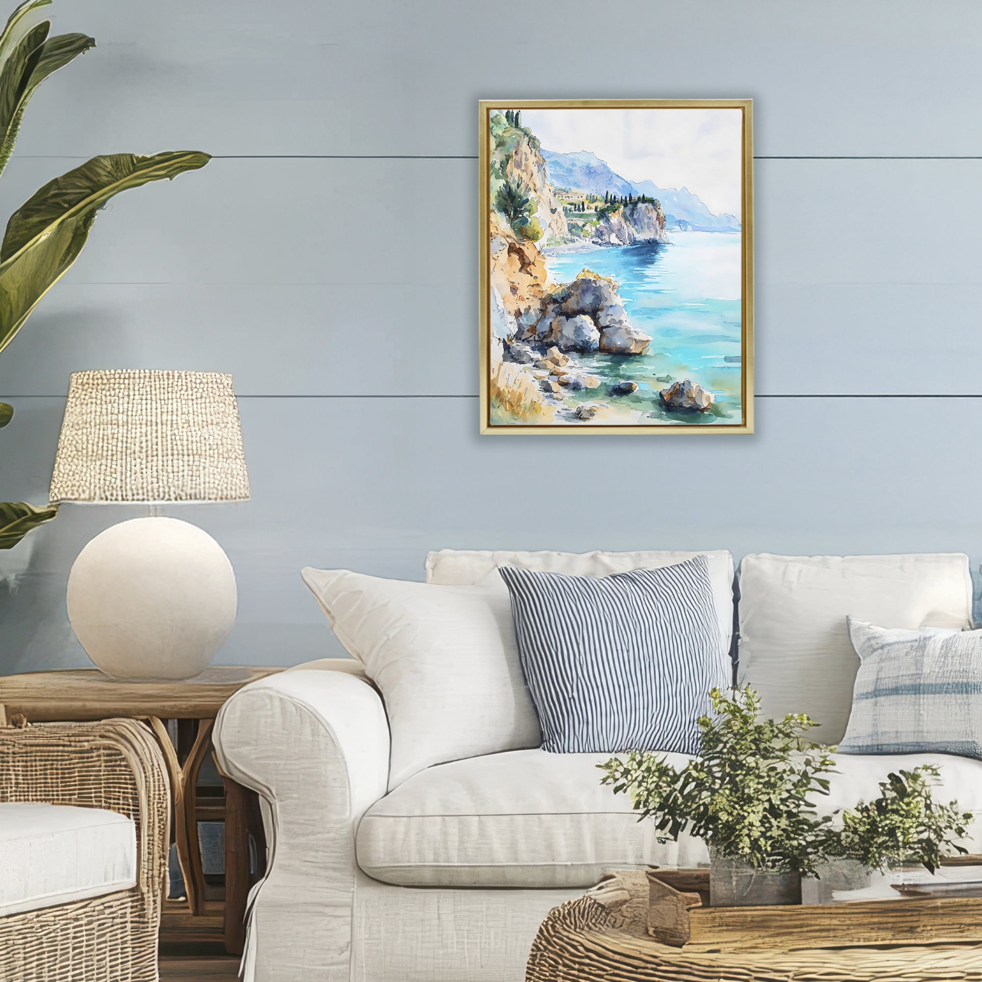 Stupell Industries Azure Italian Coastline Gold Framed Floater Canvas Wall Art, design by LSR Design Studio